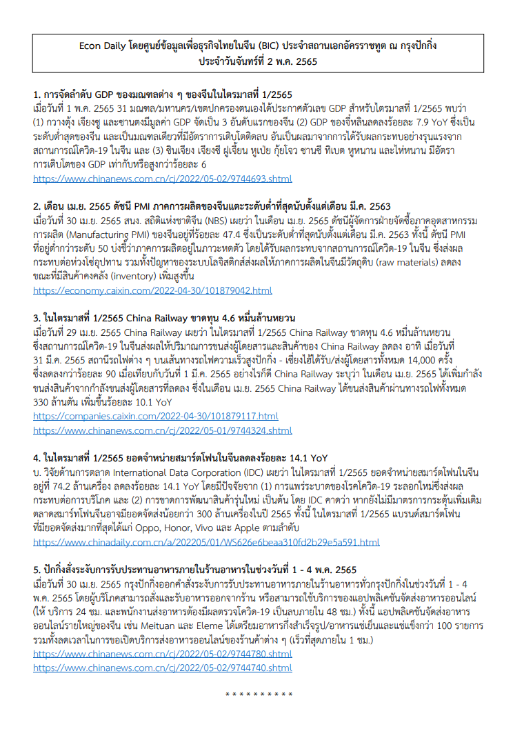 #EconDaily 2 พฤษภาคม 2565